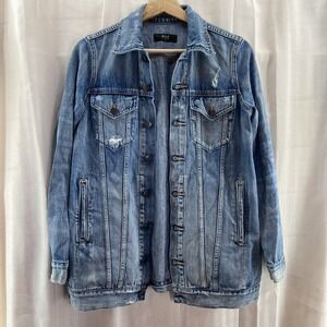 Able Women Blue Original Wash Collared Button Front Distressed Merly Jacket‎ XS